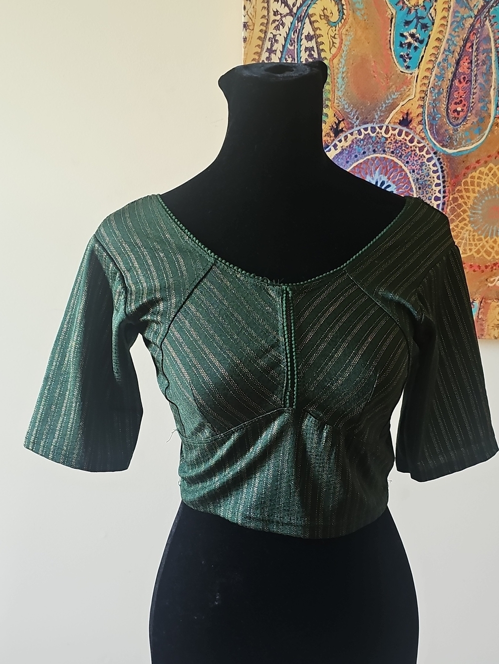 Green Striped Crop Top with Gold Accent - Women's